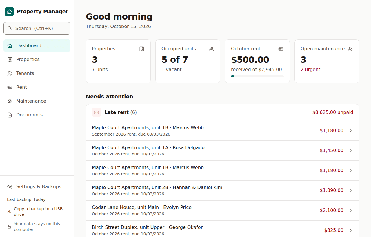 Property Manager dashboard with sample data